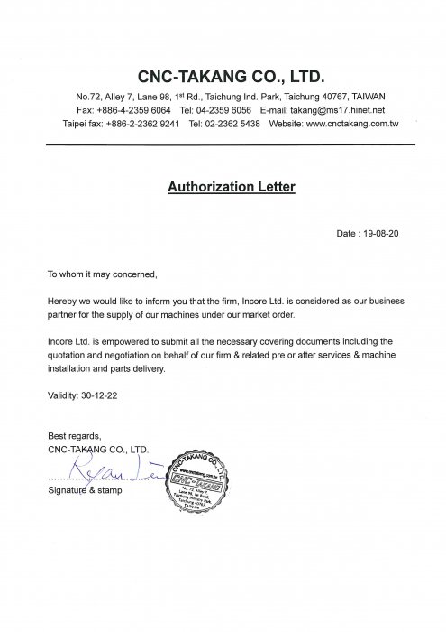 Certificate CNC-Takang (Taiwan)